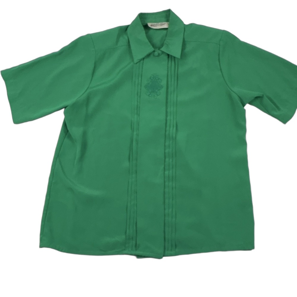 Yves St. Clair Women 12 Green Button Up Shirt Short Sleeve Pleated Embroidered
